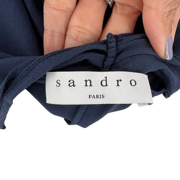 Sandro Womens Navy Blue Tie Neck 100% Silk Blouse Top Long Sleeve Shirt XS - Picture 7 of 11